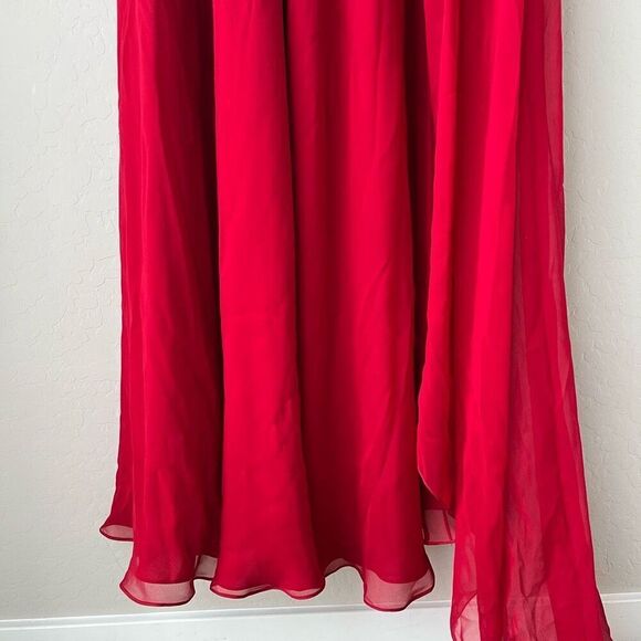 Naeem Khan Red 100% Silk Draped One-Shoulder Braided Waist Chiffon Gown Size 4 - Picture 4 of 13